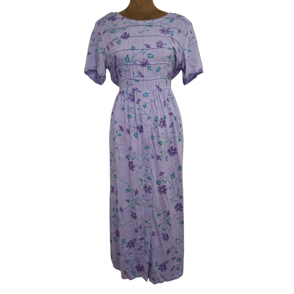 Vintage Erika Petites 90s Dress Women's Purple Floral Buttons Tie Back S/M